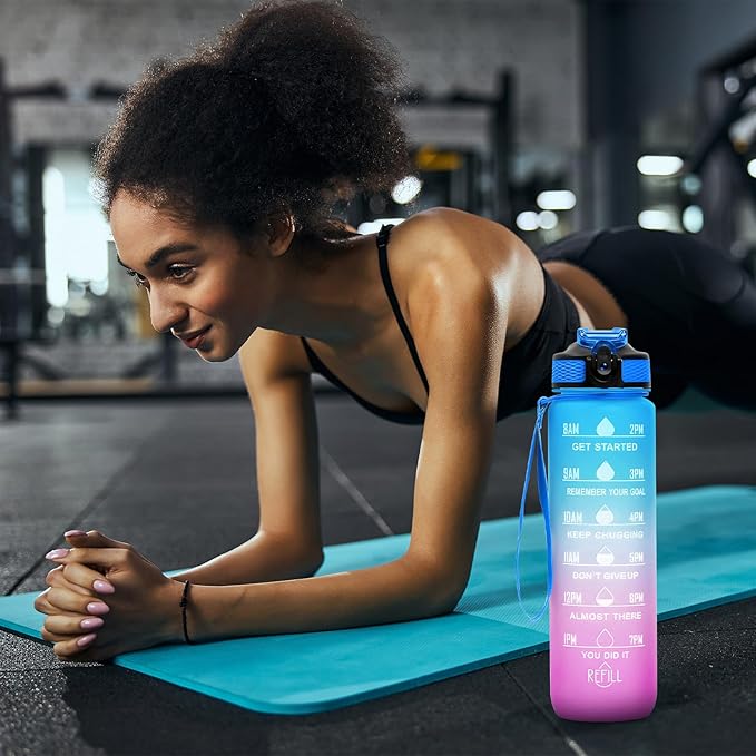 32 oz Water Bottles with Times to Drink and Straw, Motivational Water Bottle with Time Marker, Leakproof & BPA Free, Drinking Sports Water Bottle WIth Hand Strap for Fitness, Gym & Outdoor (blue-1)