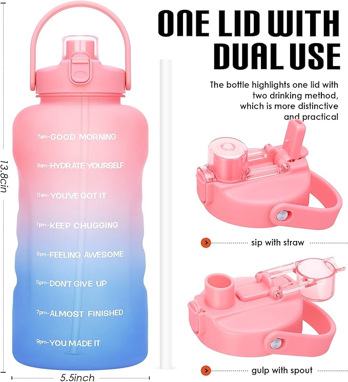 HydroPal 1 Gallon Water Bottles with Straw, 128 oz Water Bottle BPA Free Innovative 2-IN-1 Lid Gym Bottle with Times to Drink Motivational, Large for Sports Fitness Camping Water Jug （13.8X5.5 inch）