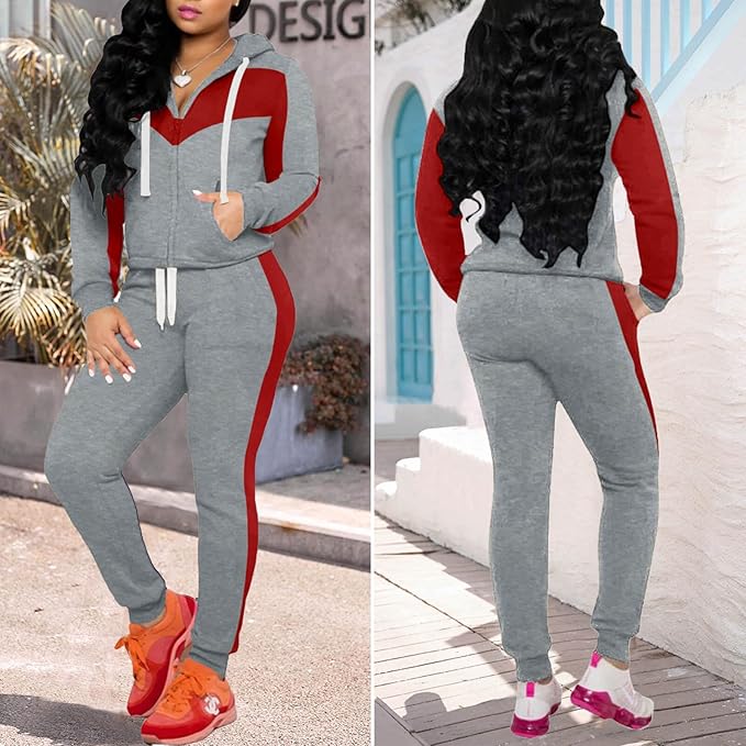 CLOCOR Track Suits for Women Set - Casual 2 Piece Outfits Sweatsuit Pocket Hoodies Long Sleeve with Patchwork Pants Set