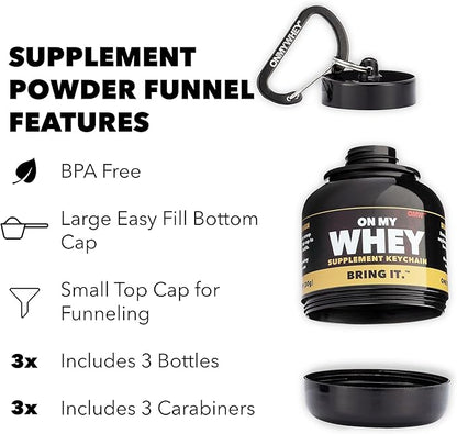 OnMyWhey - Protein Powder and Supplement Funnel Keychain, Portable to-Go Container for The Gym, Workouts, Fitness, and Travel - TSA Approved, Classic 3-Pack