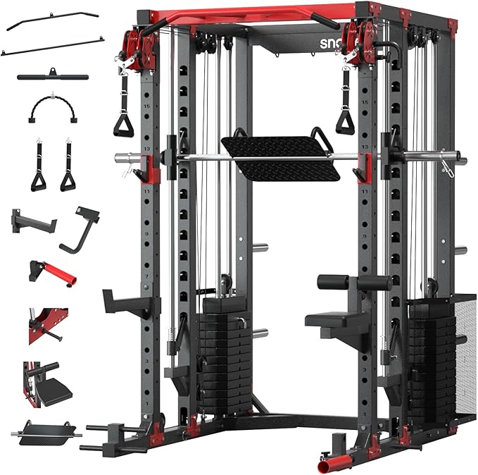 SNODE ALL10 Smith Machine for Home Gym, Power Rack with Cable Crossover, Squat Rack with Leg Press and Advanced LAT Pull-Down Seat, 2000LB Weight Capacity