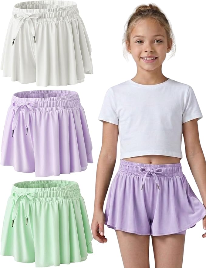 3 Pack Girls Flowy Shorts with Spandex Liner 2-in-1 Youth Butterfly Skirts for Fitness, Running, Sports