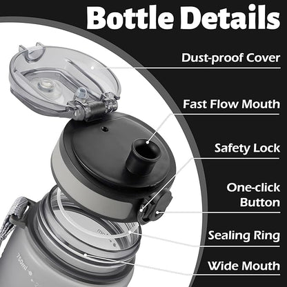 OLDLEY 25 oz Water Bottle, Motivational Water Bottle with Time Marker, Sports Water Bottle With Strap, Leakproof & BPA Free Large Water Bottles for School, Gym, Travel, Outdoor, Tritan,Gray
