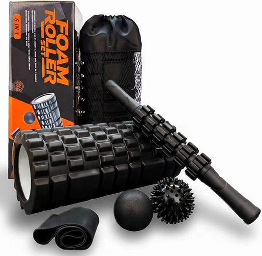 6 in 1 Foam Roller Set Includes Hollow Core Massage Roller, Yoga Stick, Massage Ball, Fitness Stretching Strap, Carrying Bag, Towel, Massage Roller (Black)