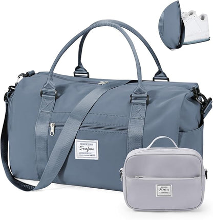 Gym Bag for Women with Shoes Compartment Small Duffel Bag Sport bag with Toiletry Bag Overnight Travel Tote Bags Weekender Carry on Bag Personal Item Bags for Airlines Grey Blue