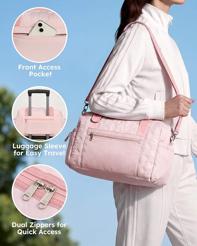 Small Gym Bag for Women, Mini Sports Duffle Bag for Workout Dance Ballet Yoga Gymnastics, Quilted Lightweight Puffer Travel Tote with Detachable Coin Purse & Wet Pocket, Pink