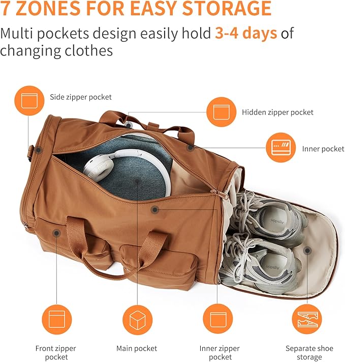 Aji Foldable Gym Bag for Women Men with Shoes Compartment, 3 in 1 Carry on Travel Duffel Bag with Trolley Sleeve, Lightweight&Water Resistant Duffel Bag for Travel, Sports, Fitness&Workout,Warm Brown