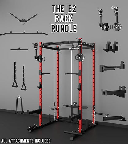 Eonfit E2 Power Cage，1500LB Squat Rack with Cable Crossover System.Multi-Function Power Rack for Home Gum.All-in-One Squat Rack with More Training Attachments