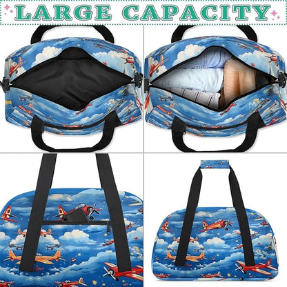 Airplane Kids Duffel Bag for Boys, Aircraft Clouds Sports Gym Bag Overnight Travel Weekender Bag Lightweight Carry On Sleepovers Bag for School Practice Gymnastics