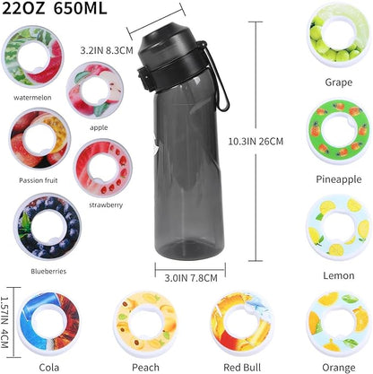 Air Scent Water Bottle with 12 Flavor Pods 650ML Fruit Fragrance Scented Water Cup BPA Free 0% Sugar For Fitness And Outdoor (1 Bottle Black+12 pods in random flavors)
