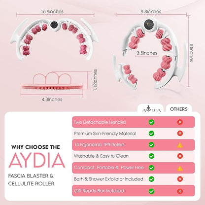 Cellulite Massage Roller, Fascia Blaster, Lymphatic Drainage Massager, Relieve Muscle Soreness, Body Sculpting Tool with Detachable Handles for Thighs, Legs, Buttocks, Gift Exfoliating Brush (Pink)