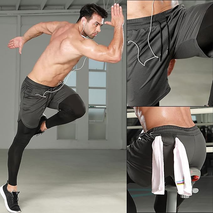 Odoland 2 Pack Mens Compression Running Pants, 2 in 1 Quick Dry Athletic Workout Sweatpants Shorts Gym Leggings with Pocket