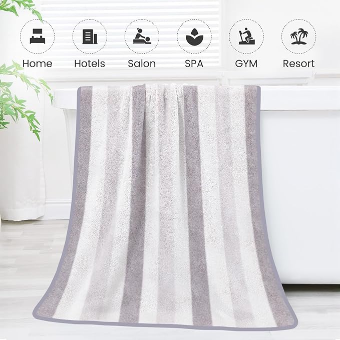 JML Microfiber Bath Towels, Large Bath Towel Set of 2, 30" x 60", Oversized, Soft, Super Absorbent, Fast Drying, Perfect for Hair Wrap, Sport, Fitness, Yoga, Cabana Stripe Grey