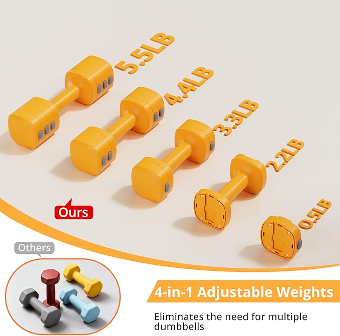 2-in-1 Adjustable Dumbbell Set for Women - 4 Levels (2.2lbs to 12.1lbs) - Home Gym Weights for Women at Home - Fitness Dumbbells