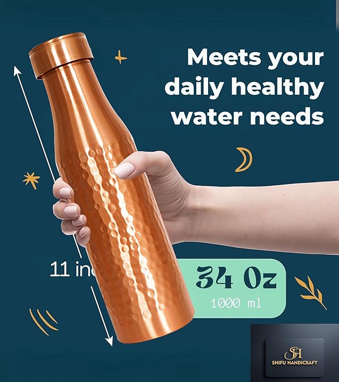 Copper Water Bottle 34 Oz Hammered Copper Water Bottle For Drinking 100% Pure Ayurvedic Vessel For Leak-Proof Lid Bottle for Yoga, Gym, Office, Home