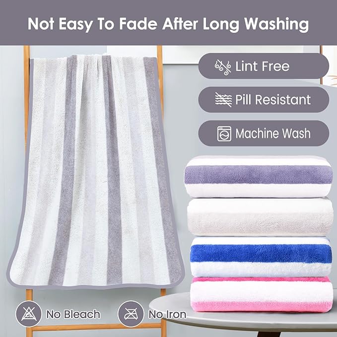 JML Microfiber Bath Towels, Large Bath Towel Set of 2, 30" x 60", Oversized, Soft, Super Absorbent, Fast Drying, Perfect for Hair Wrap, Sport, Fitness, Yoga, Cabana Stripe Grey
