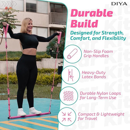 Pilates Bar Kit with Resistance Bands 140 lbs – Adjustable Portable Home Gym Workout Equipment for Women & Men – Full Body Fitness Bar for Legs, Glutes, Arms, Core & Back