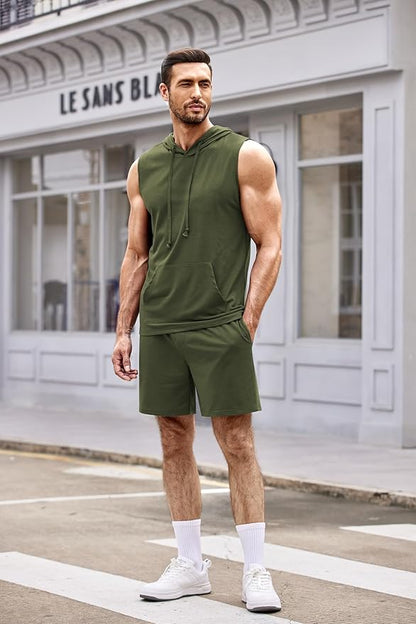 COOFANDY Mens Sleeveless Workout Hoodie Shorts Set 2 Piece Outfits Hooded Tank Tops Gym Tracksuit Sweatsuits