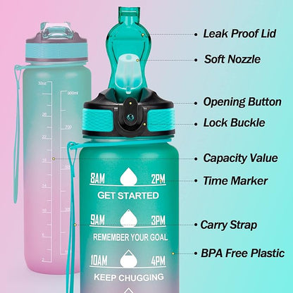 Motivational Water Bottle with Time Marker - 32oz, Leak-proof BPA Free Sports Water Bottles with Straw & Carrying Strap