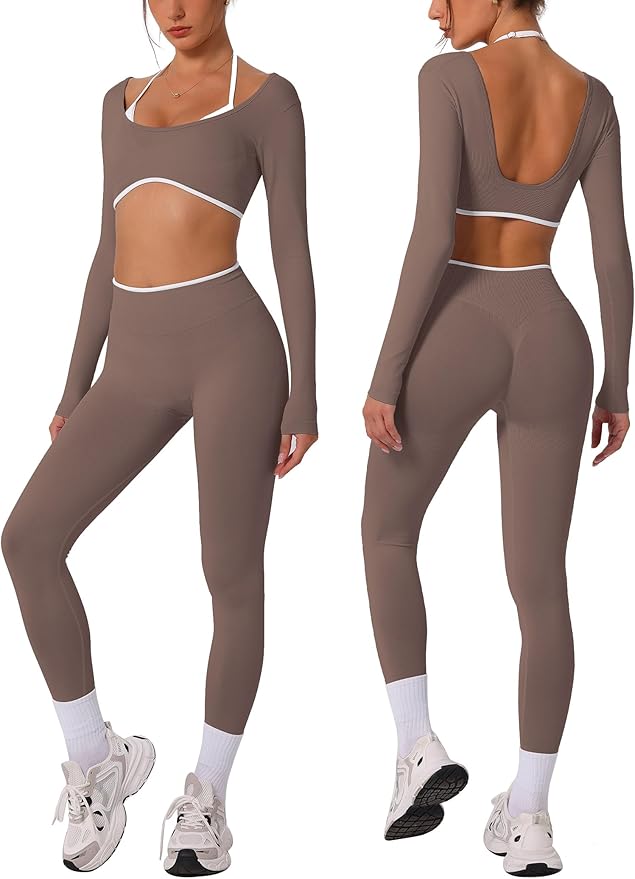 ABOCIW Workout Sets for Women Long Sleeve Crop Top Scrunch Butt Lifting High Waist Leggings 2 Piece Gym Yoga Outfits