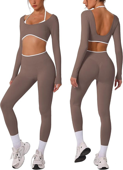 ABOCIW Workout Sets for Women Long Sleeve Crop Top Scrunch Butt Lifting High Waist Leggings 2 Piece Gym Yoga Outfits