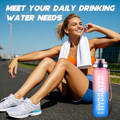 Water Bottle, 32oz Sports Water Bottles with Time Marker Wide Mouth, Motivational and Leakproof Drink Bottle, BPA Free Tritan with Carry Strap for Gym Fitness Outdoor(1 Bottle)