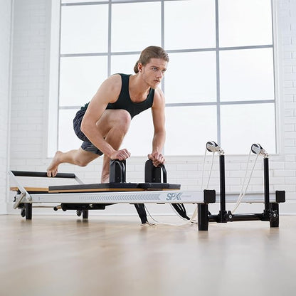 Merrithew™ at Home SPX® Reformer Package with Reformer Box, Footstrap, Padded Platform Extender and Metal Roll-up Pole – Pilates Workouts at Home