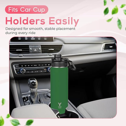 Y TOP 18 oz Insulated Water Bottle Leak Proof Spout Lid Fits in Car Cup Holder – Double Wall Dishwasher Safe Easy Clean stainless steel drinking water bottle for Gym Kids Sports Travel Hiking School