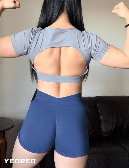 YEOREO Workout Scrunch Shorts Women V Back Gym Butt Lifting Liz High Waisted Seamless Shorts