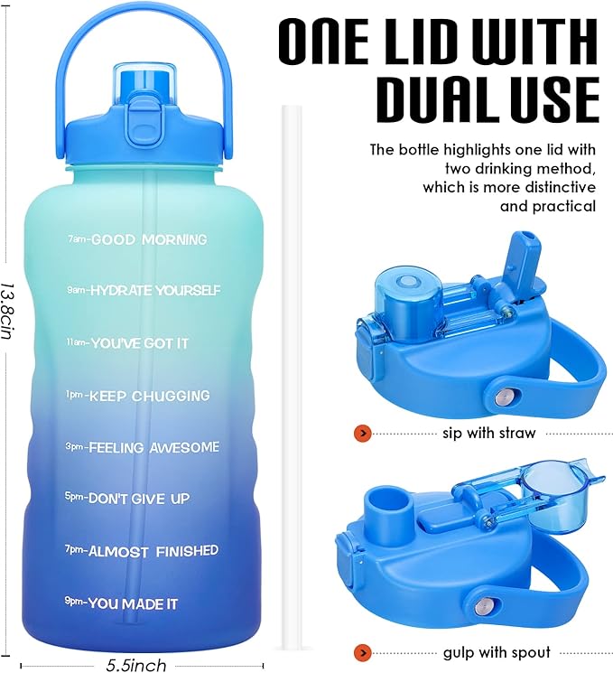 HydroPal 1 Gallon Water Bottles with Straw, 128 oz Water Bottle BPA Free Innovative 2-IN-1 Lid Gym Bottle with Times to Drink Motivational, Large for Sports Fitness Camping Water Jug （13.8X5.5 inch）