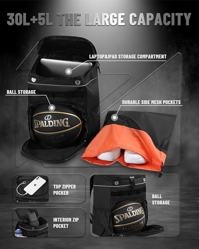 TRAILKICKER Basketball Bag Backpack with Ball Holder Multi-Sport Backpack for Soccer Volleyball Football Baseball Helmet