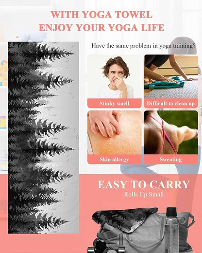 Forest Yoga Mat Towel with Corner Pockets for Hot Yoga Non Slip,Absorbent Yoga Blankets Microfiber Soft Gym Sweat Working Out Fitness Pilates Towels 74"x26" Rustic Grey Foggy Pine Tree Anmal Birds