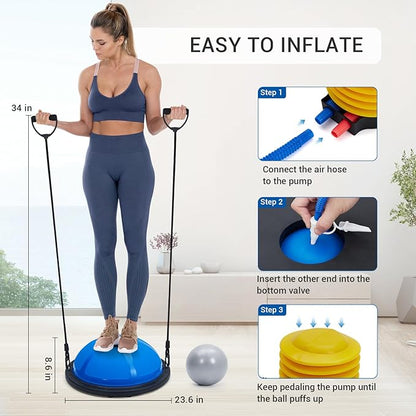 23 inch Balance Ball Half Yoga Ball, 1600 Lbs Half Exercise Ball with Nonslip Base, Inflatable Half Ball Balance Trainer with 2 Bands, Pump, Extra Ball Included