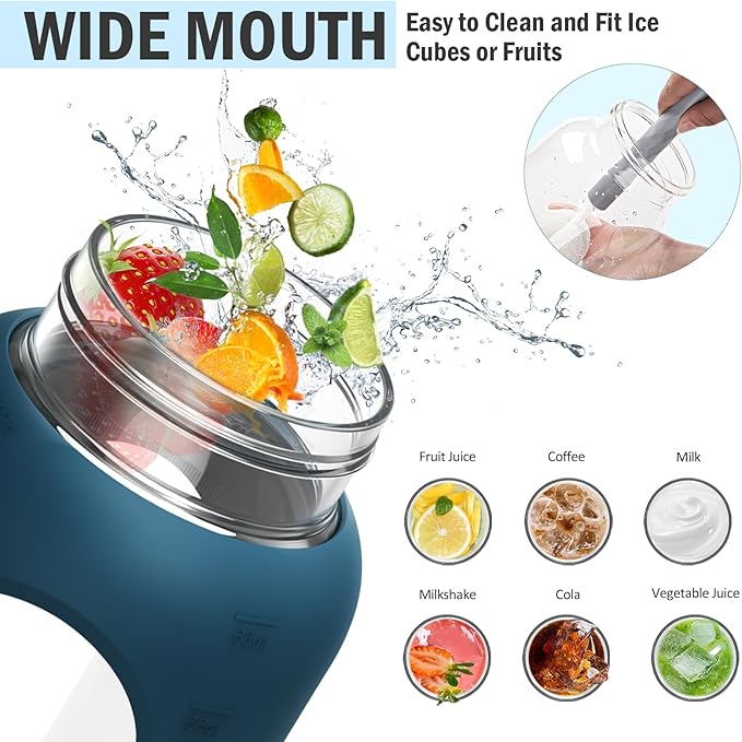 84oz Glass Water Bottle with Stainless Steel Handle,2.5L Gallon Water Bottle with 2-IN-1 Straw Lid, Silicone Sleeve and Motivational Capacity Marker, Wide Mouth Water Jug For Gym, Dark Blue