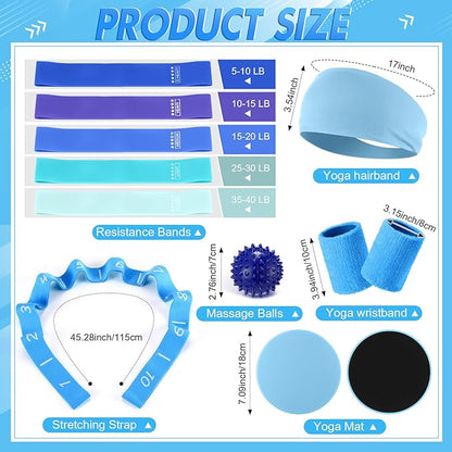 Poen 18 Pcs Home Pilates Ball and Ring Circle Set Yoga Fitness Essentials Kit with 5 Resistance Band Stretching Strap Non Slip Sock Ball Core Slider Wristband Headband Gym Bag for Women