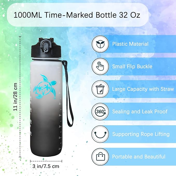 Sea Turtle Water Bottle with Straw, LeakProof, Carry Strap, BPA Free, 32 Oz Motivational Sport Water Bottle with Time Marker to Drink, Ideal for Gym Fitness Outdoor Black