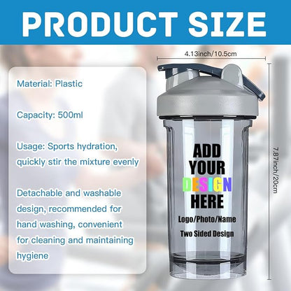 18 Oz Shaker Bottles for Gym, Custom Shaker Bottles with Your Name Photo, Customized Shaker Bottle with Logo for Indoor/Outdoor Workout, Gray