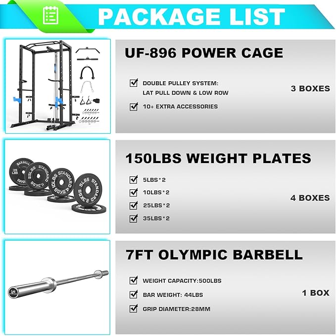 Power Cage, Multi-Functional Power Rack with J-Hooks, Dip Handles, Landmine Attachment and Optional Cable Pulley System for Home Gym