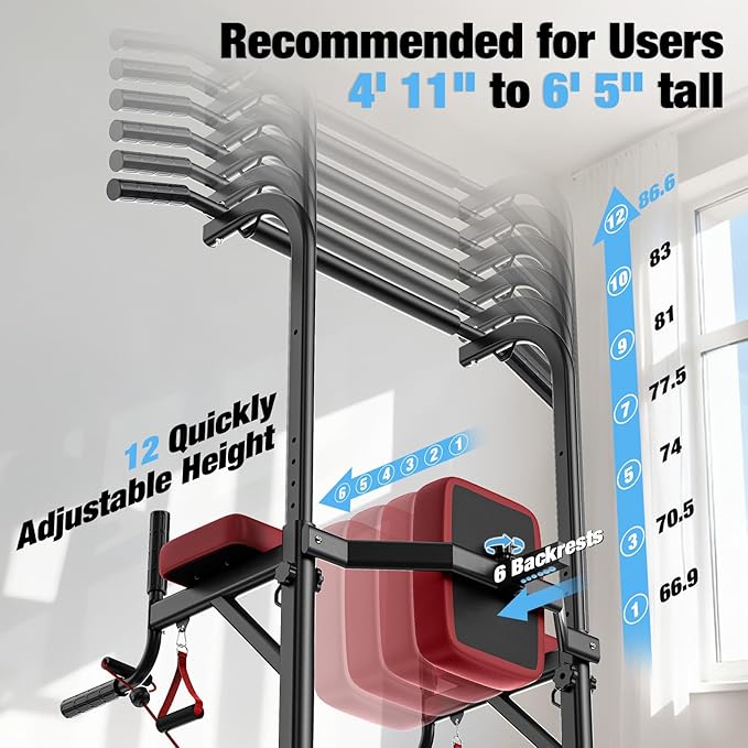 Dskeuzeew Pull Up Bar Free Standing for Multi-Function Home Gym Strength, Pull Up Dip Station Assistive Trainer Height Adjustable, Power Tower Training Heavy-Duty Fitness Equipment