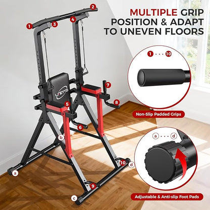 Power Tower Pull Up Bar Free Standing - 13-Level Adjustable Height Dip Station with X-Frame Stability, Multi-Grip Handles, Backrest, Anti-Slip Foot Pads - Home Gym Strength Training Equipment 400LBS