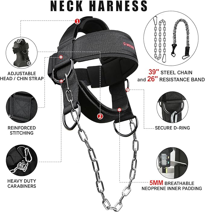 Neck Harness for Increases Neck Core Strength - Neck Exerciser with 30" Heavy Duty Steel Chain for Safely Lifting Weights Up to 280 lbs, Adjustable Head with Nylon Tether and 2 Carabiners