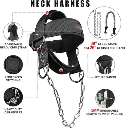 Neck Harness for Increases Neck Core Strength - Neck Exerciser with 30" Heavy Duty Steel Chain for Safely Lifting Weights Up to 280 lbs, Adjustable Head with Nylon Tether and 2 Carabiners