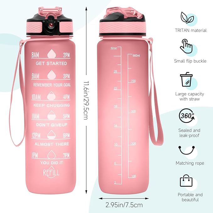 32 oz Water Bottles with Times to Drink and Straw, Motivational Water Bottle with Time Marker, Leakproof & BPA Free, Drinking Sports Water Bottle WIth Hand Strap for Fitness, Gym & Outdoor (pink)