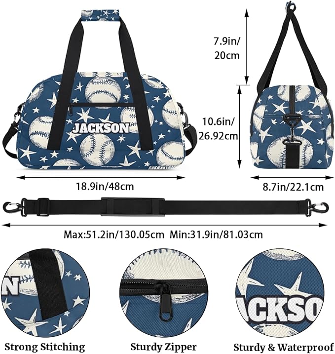 Personalized Baseball Gym Duffel Bags for Kids Boys with Custom Name Travel Sport Training Bags for Overnight Weekender, Blue