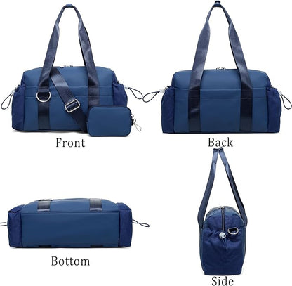 Everyday Mini Gym Bag for Women 2.0, Small Tote with Zipper Compartment Waterproof Travel Duffle Cute Handbag Workout Carry On with Removeable Shoulder Strap & Coin Wallet Easy to Clean - Navy
