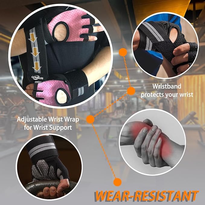 Workout Gloves for Men and Women,Gym Gloves for Weight Lifting with Wrist Support,Exercise,Rock Climbing, Biking,Training,Fitness,Pull up,Fingerless, Breathable and Snug fit