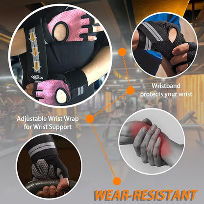 Workout Gloves for Men and Women,Gym Gloves for Weight Lifting with Wrist Support,Exercise,Rock Climbing, Biking,Training,Fitness,Pull up,Fingerless, Breathable and Snug fit