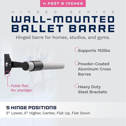 VITA Barre Wall-Mounted Single Ballet Barre, Traditional, Wood and Aluminum | Hinged Height, Made in USA, Home, Studio or Gym Exercise Equipment for Kids & Adults | Dance, Fitness, Pilates