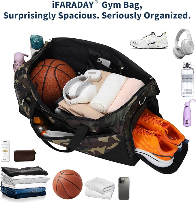 52L Men's Gym Bag with Shoe Compartment - 24-inch Duffle Bag for Travel, Sports, Fitness & Workout (Camo)