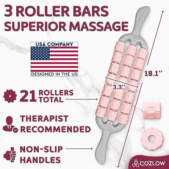 Triple Roller Massage Stick - Body Massager for Muscles - Fascia Rolling Tool - Deep Tissue Therapy for Myofascial Release and Lymphatic Drainage - Handheld Anti Cellulite Device - by Cozlow
